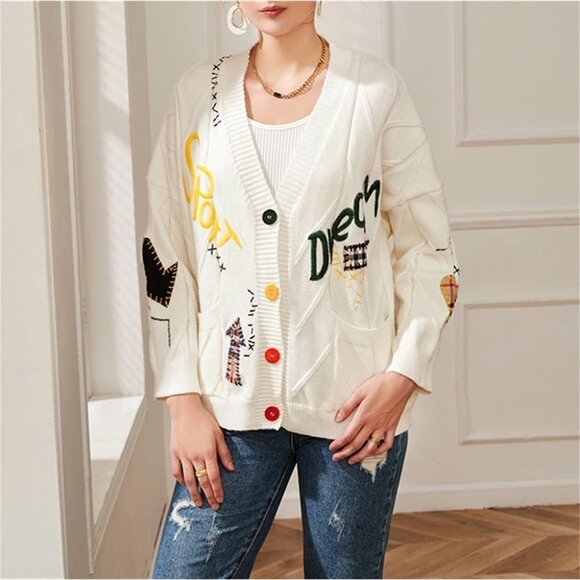 Women's Cable Knit Cardigan Cozy Embroidered Sweater Coat Long Sleeve - Picture 6 of 6